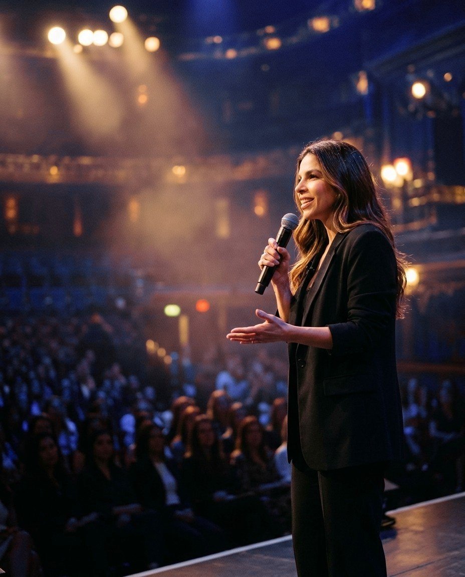 Mariana Rios falando ao microfone no palco do Basta Sentir